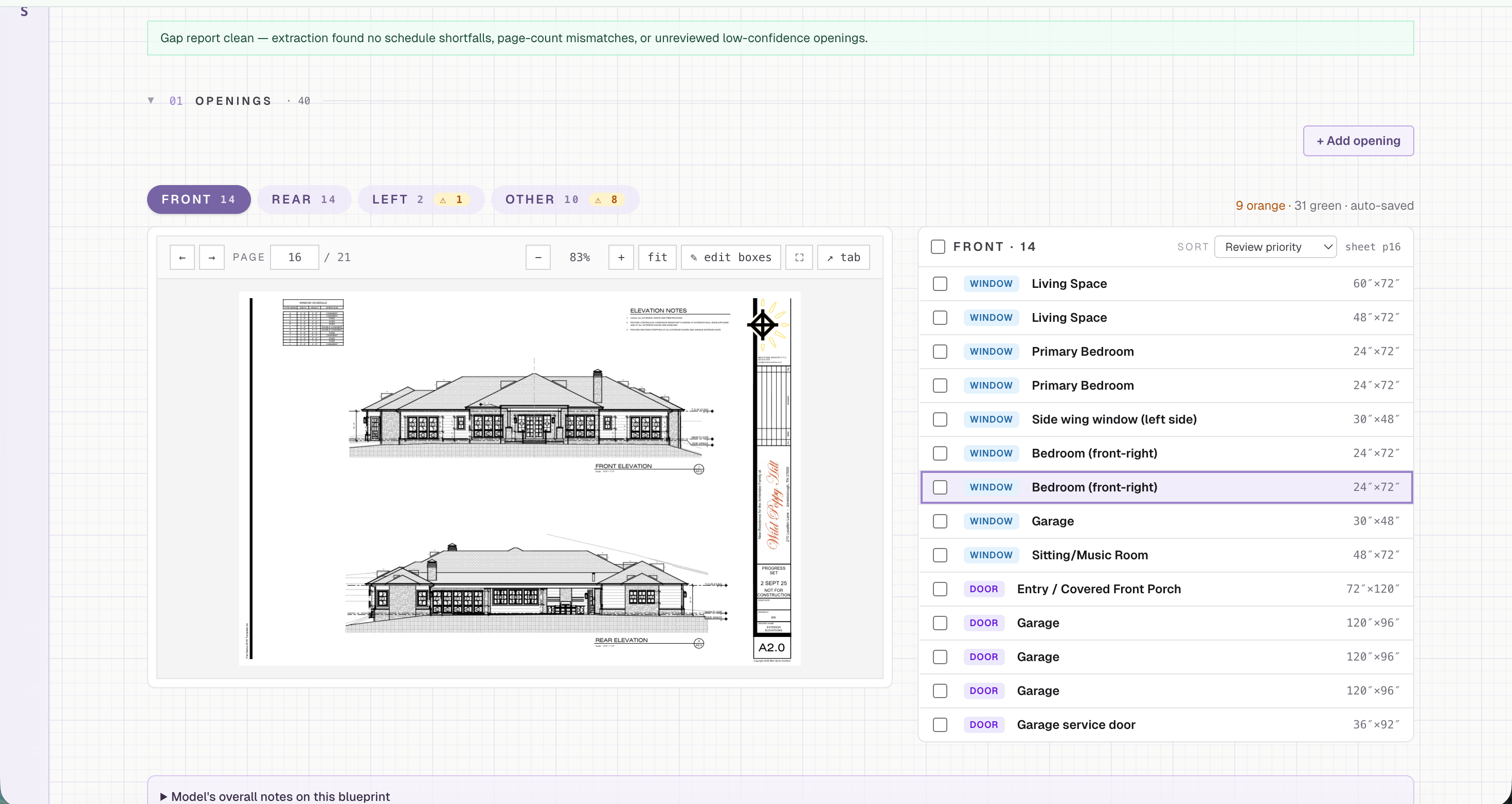 Parsec review screen — extracted openings list beside residential elevations, gap report clean