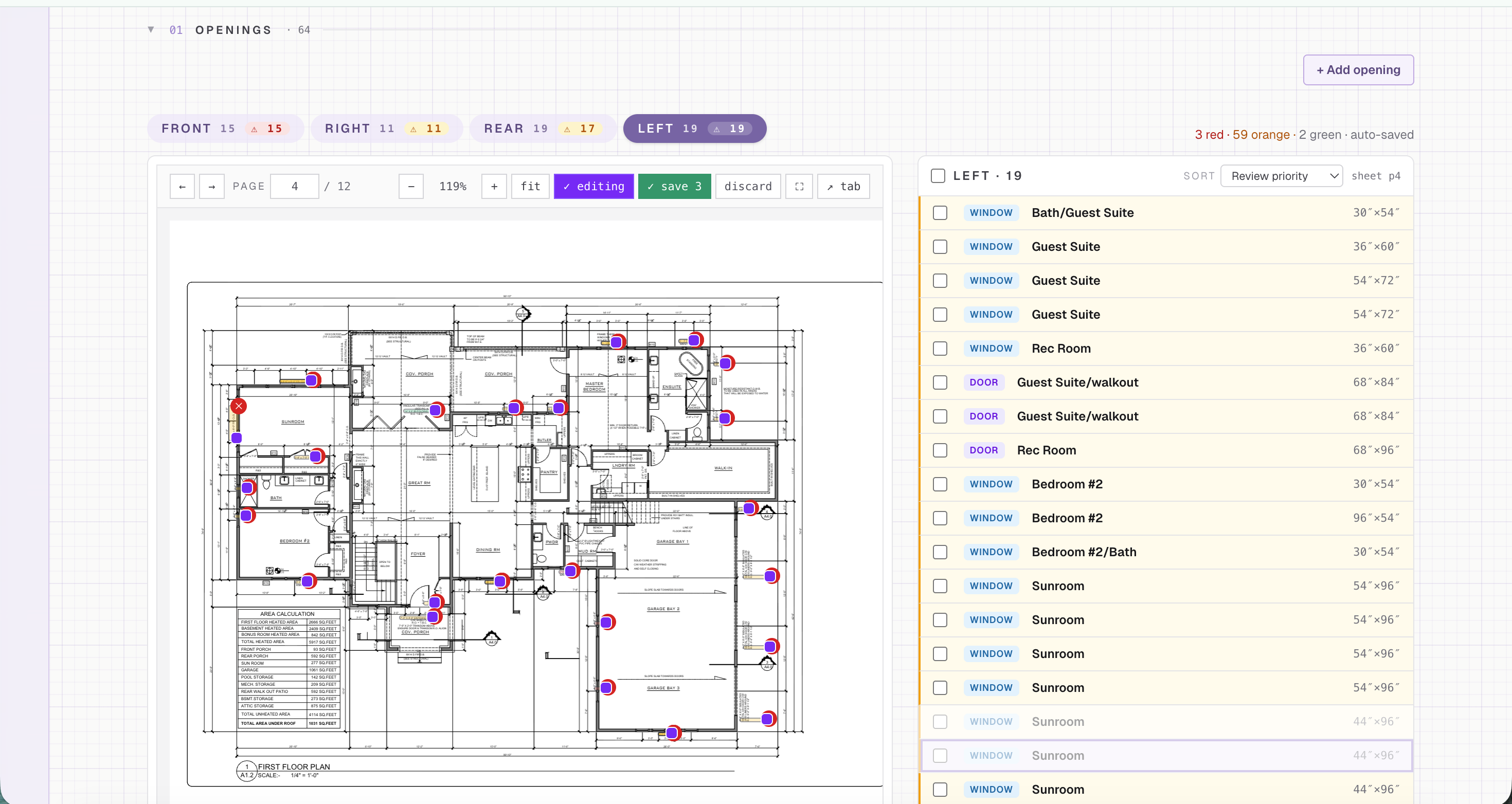 Parsec extraction view — a residential floor plan with every window and door pinned, beside the openings list.