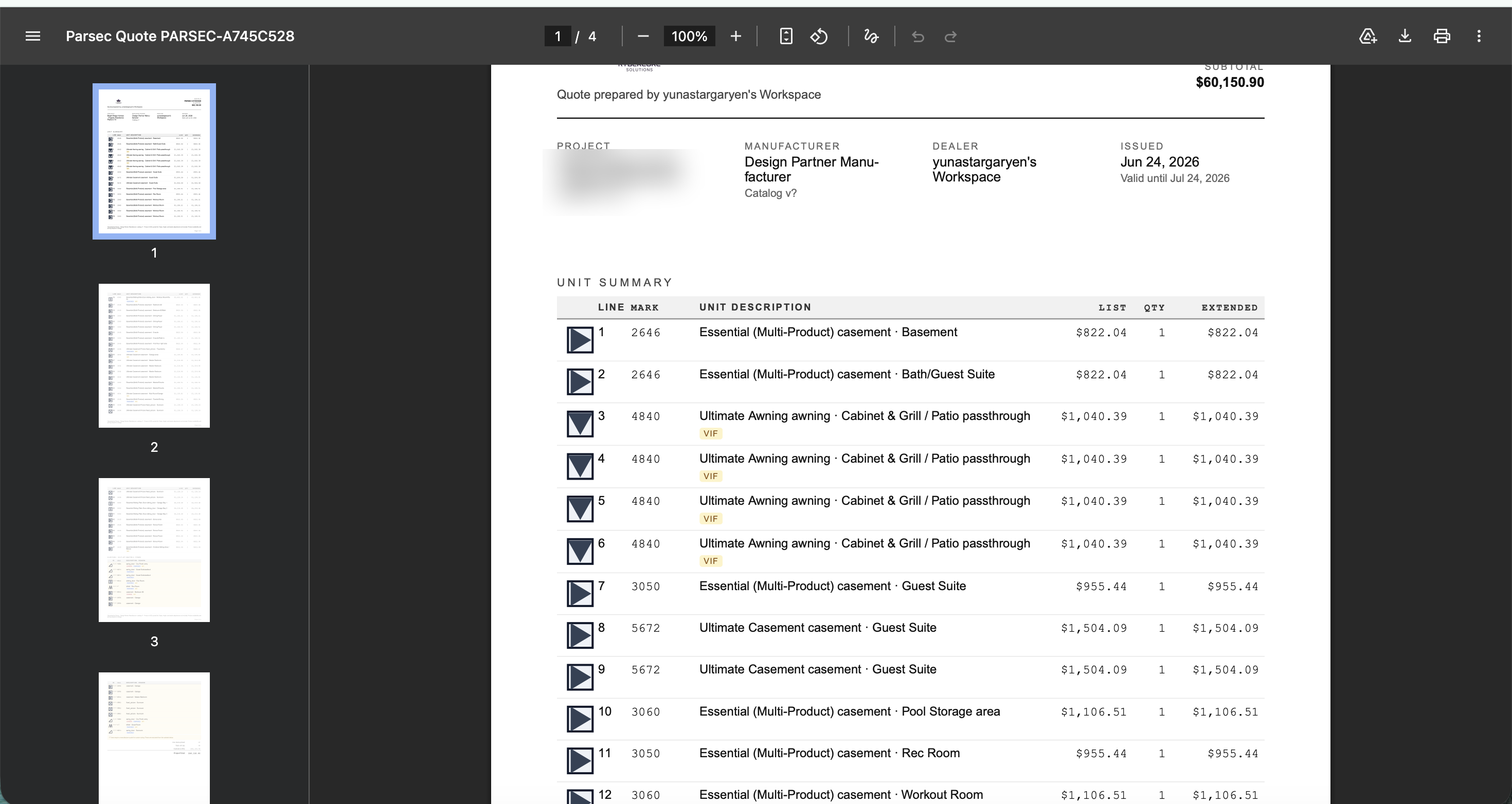 Parsec quote output — a branded PDF with project details and a line-by-line unit summary.
