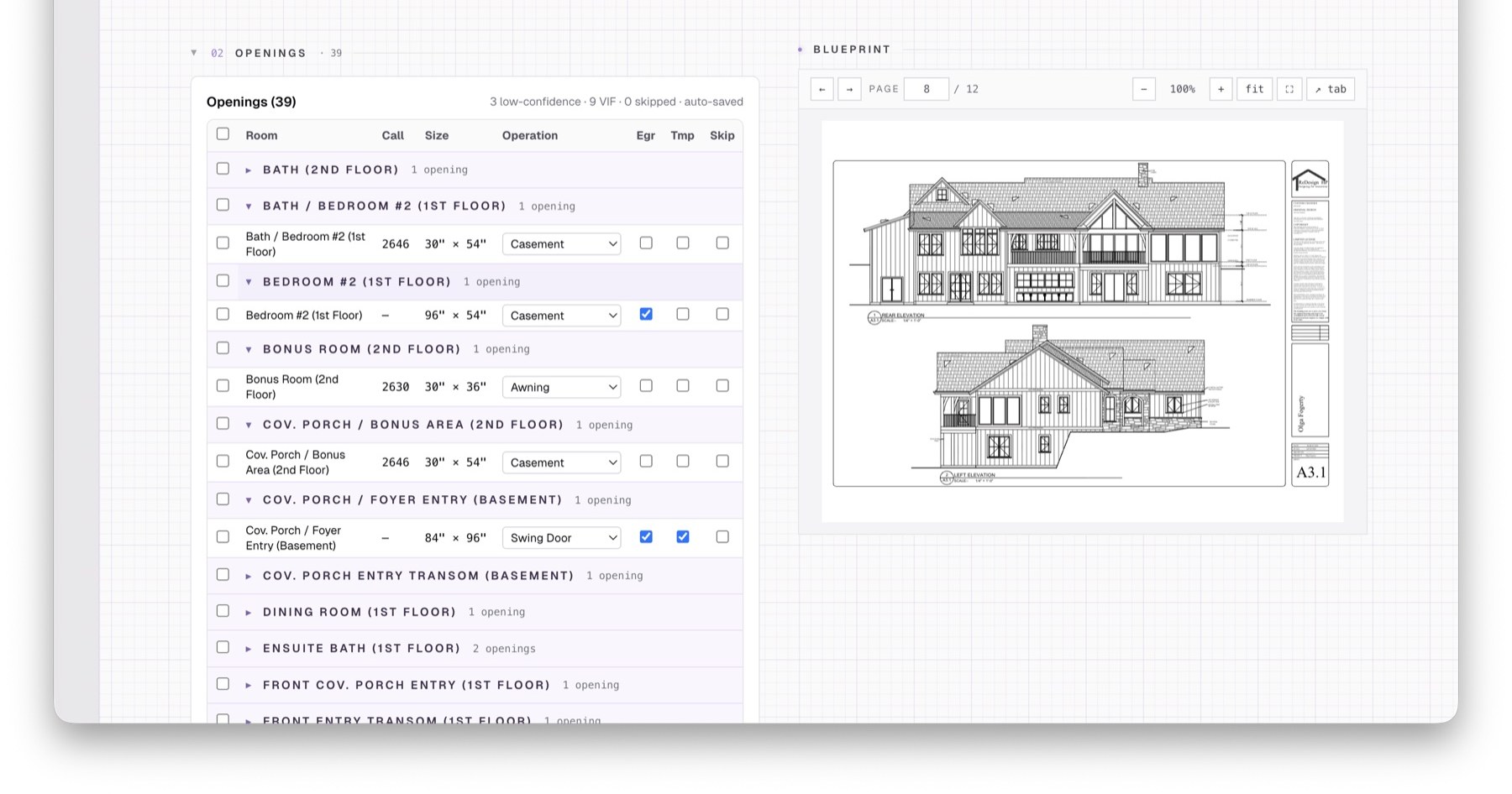 Parsec review screen — extracted openings list beside a residential blueprint elevation